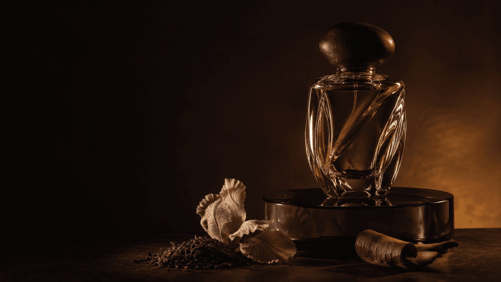 Frasco de perfume iluminado con iris, té y madera